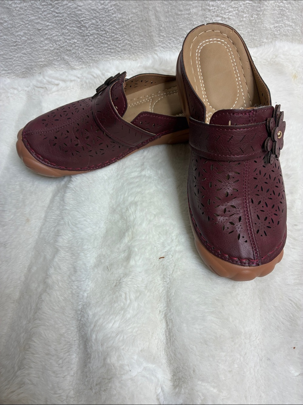 Women's Burgundy Slip-On Clogs with Floral Accent